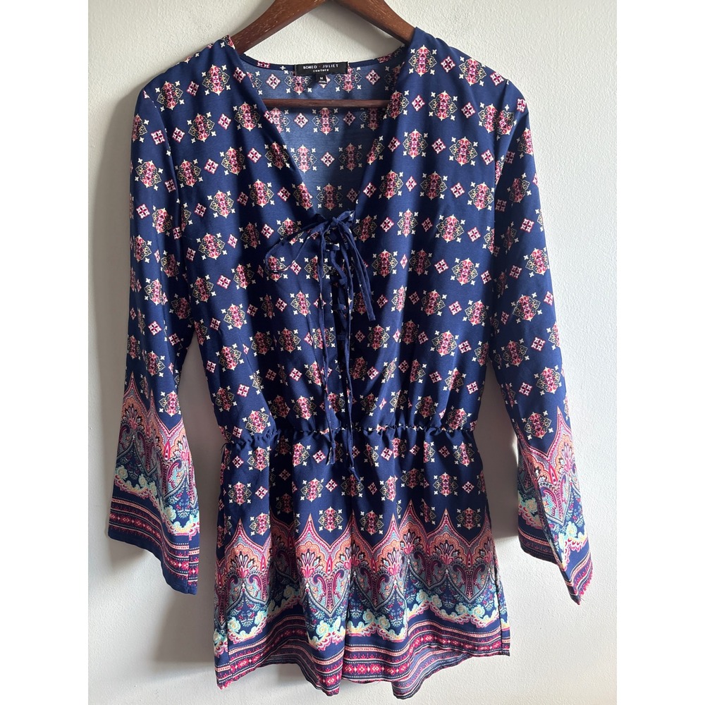 Romeo + Juliet Couture Navy Paisley Romper Boho Lace Up Bell Sleeve